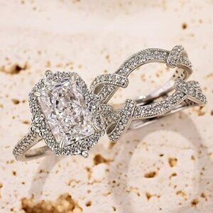 3.0 Carat Radiant Cut Sterling Silver Wedding Ring Set Size 8 NWT